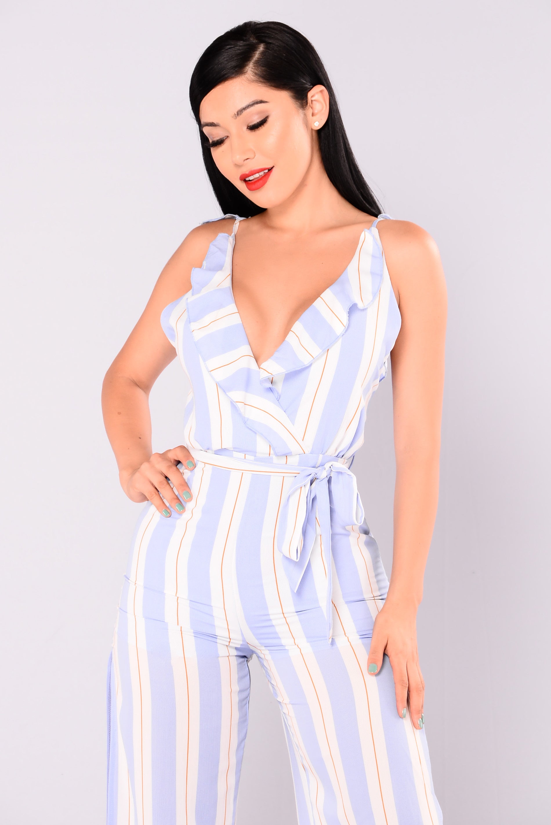 light blue striped jumpsuit