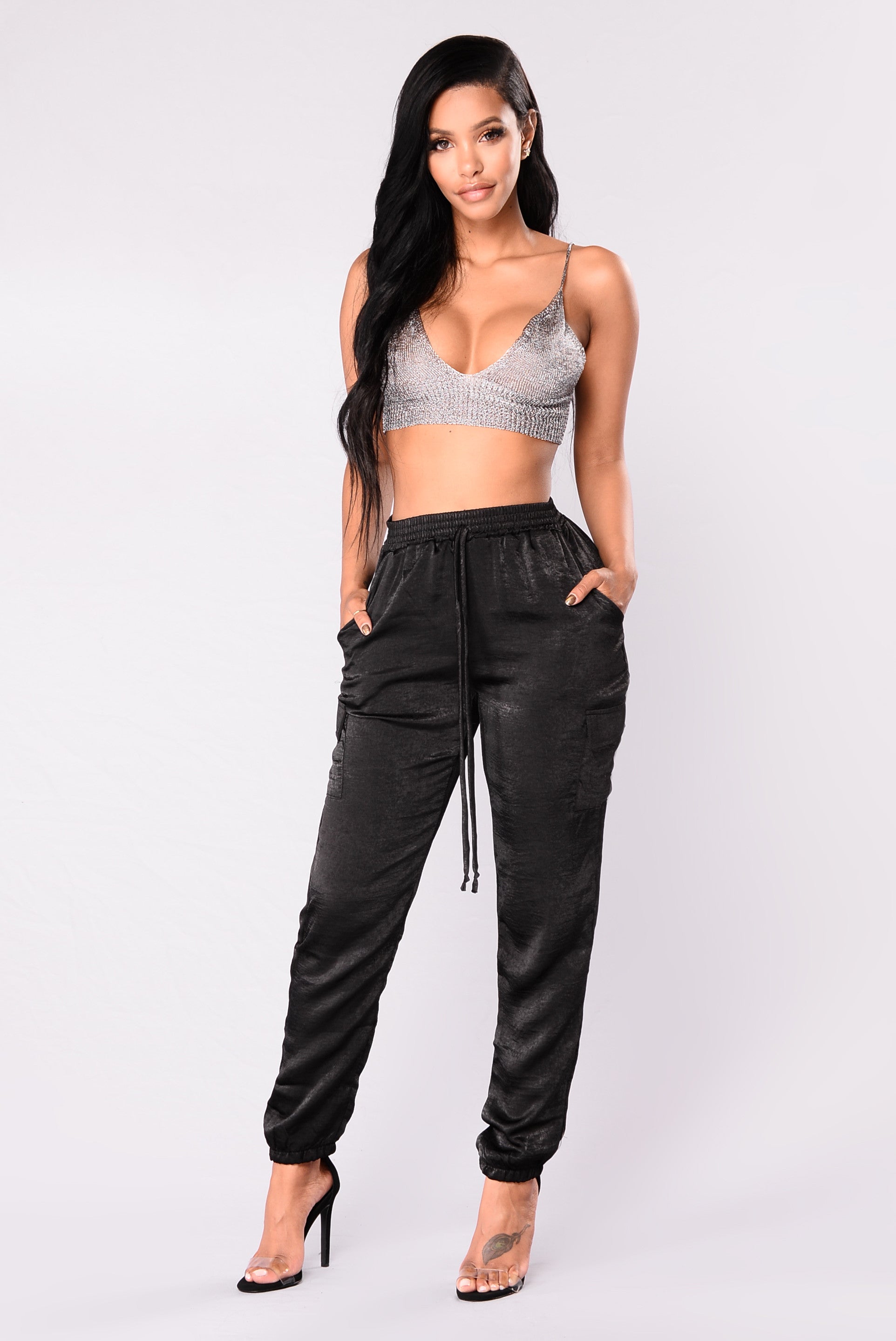 black satin joggers