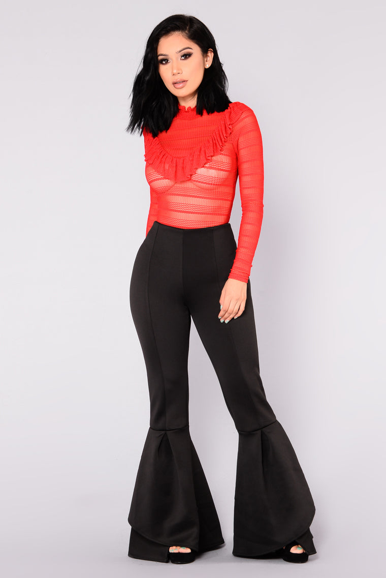 red flare pants with ruffles