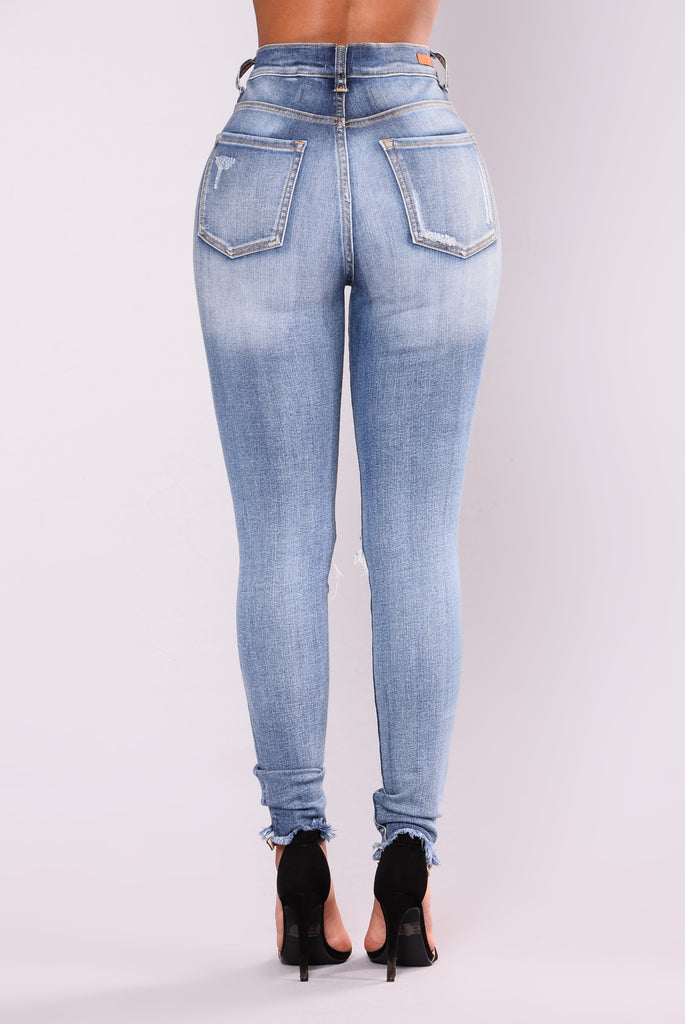 Smiley High Rise Distress Jeans - Light Blue Wash