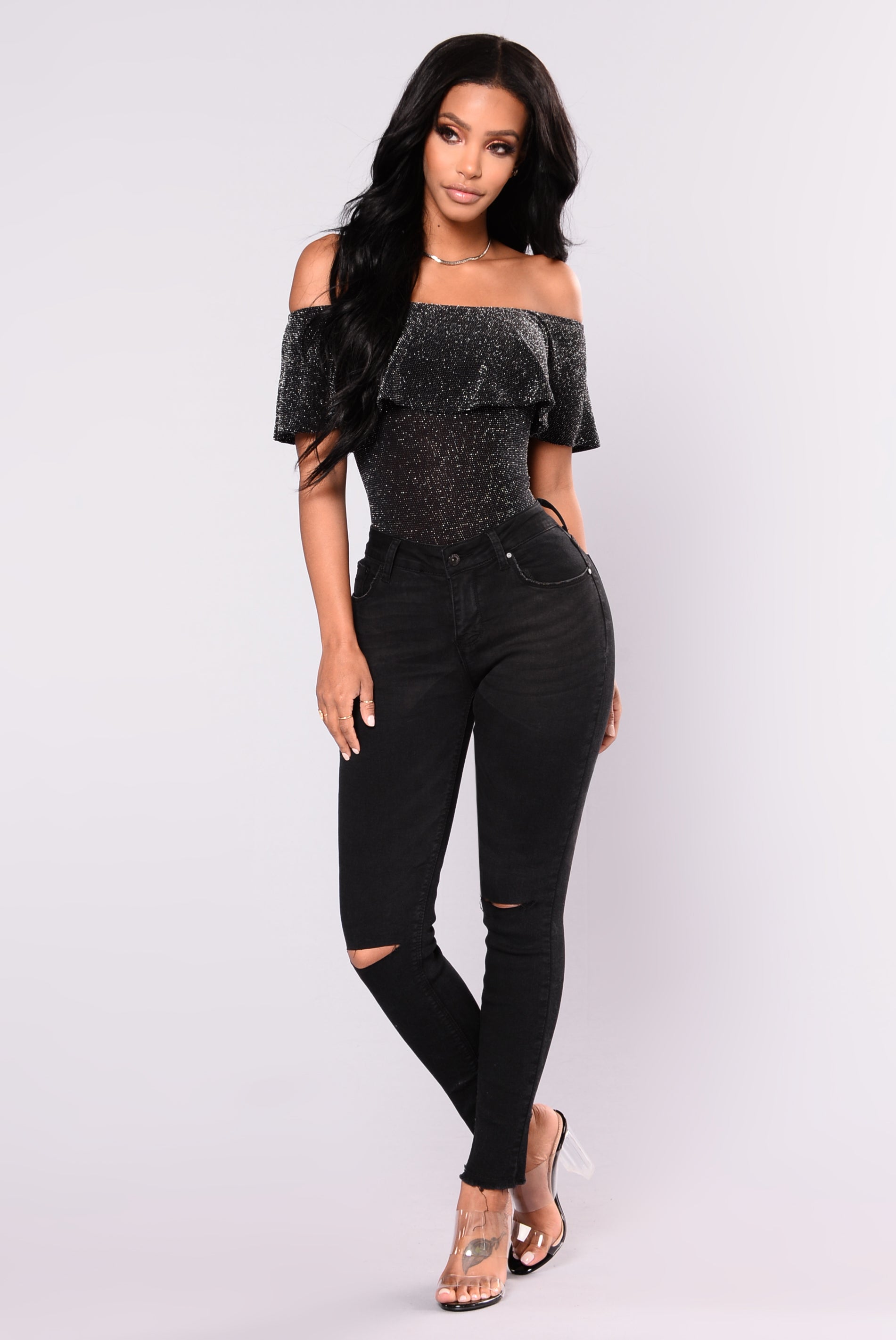 So Into You Off Shoulder Bodysuit Blacksilver 