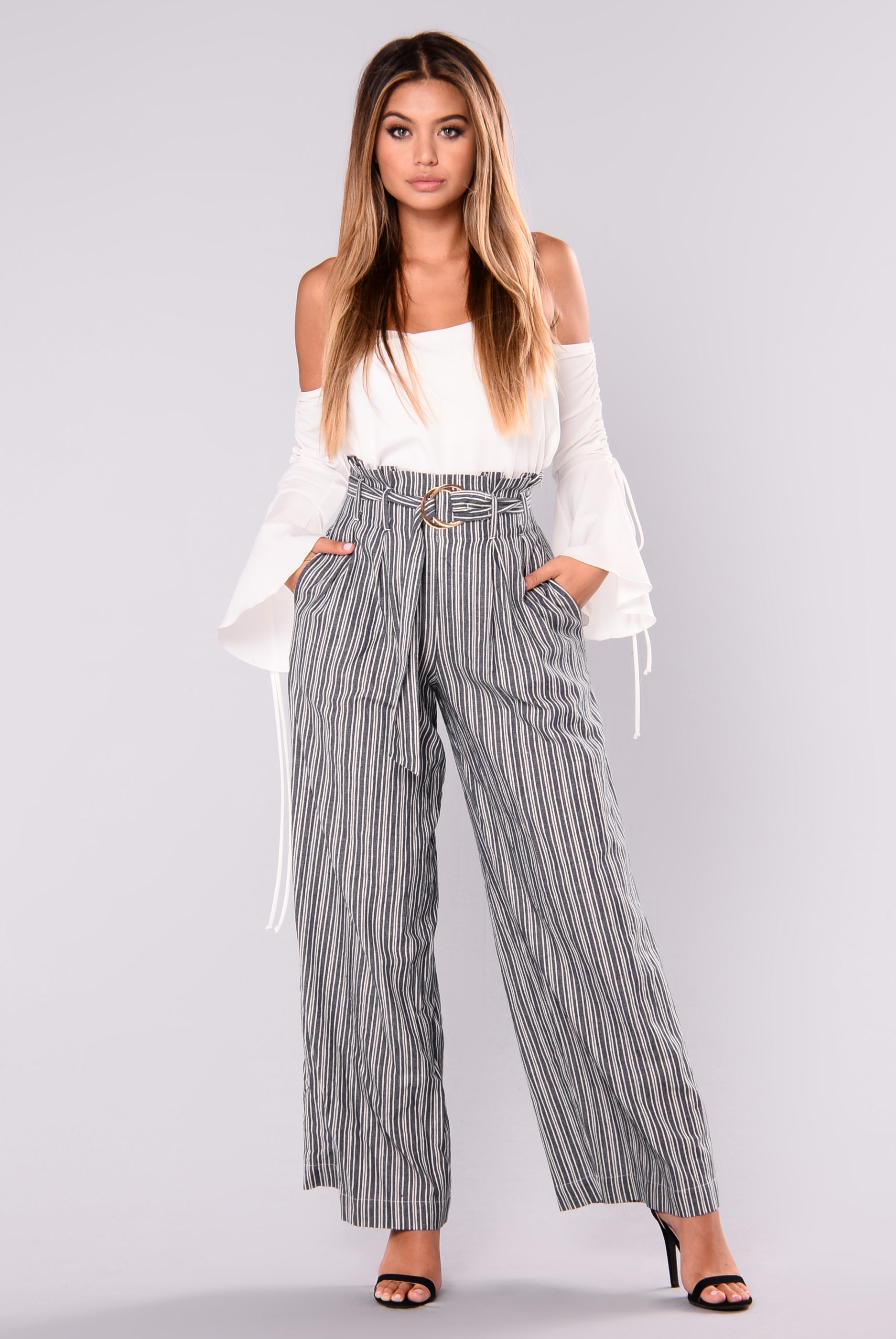 navy and white pinstripe pants