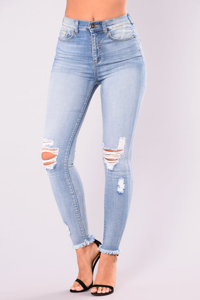 Smiley High Rise Distress Jeans - Light Blue Wash