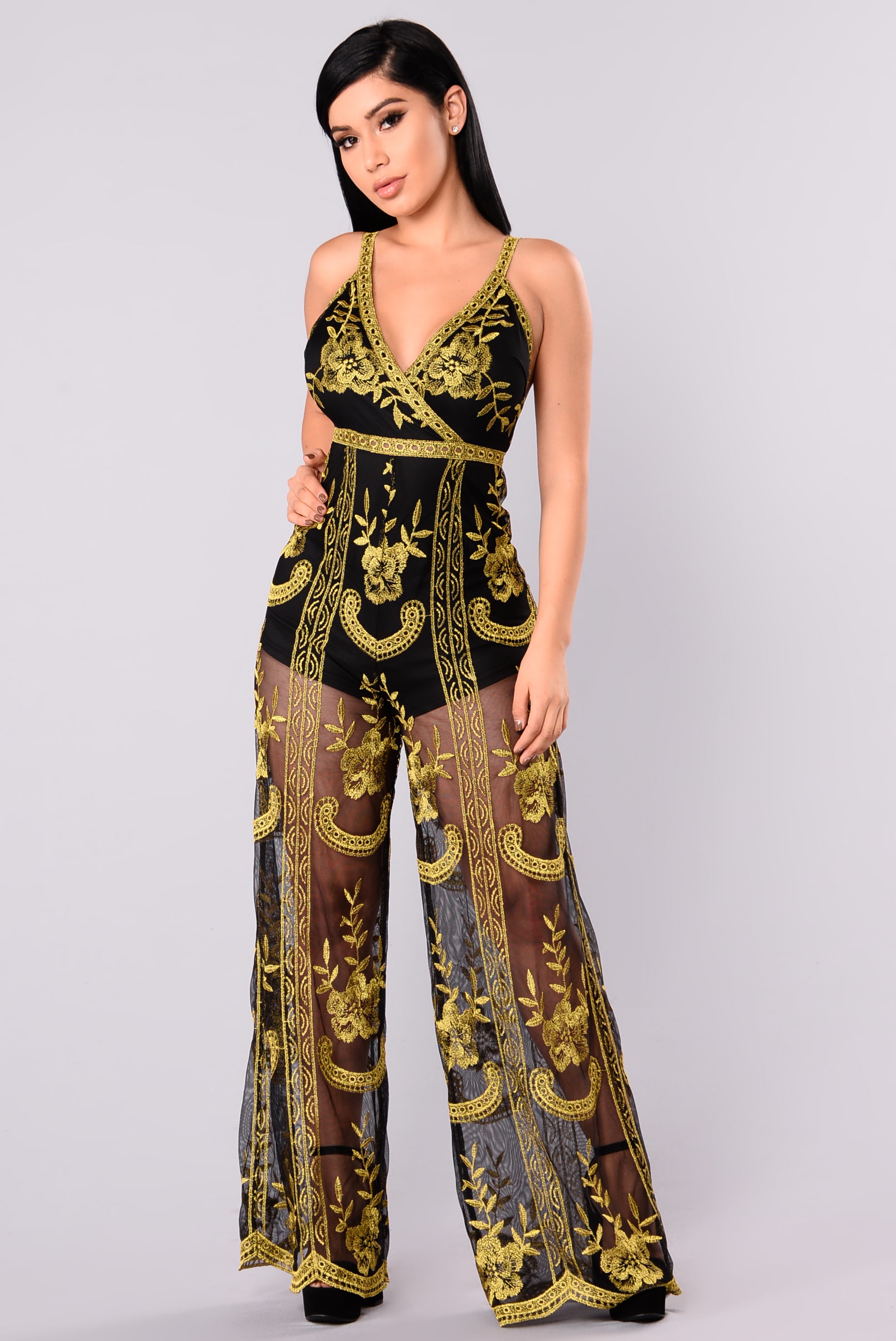 fashion nova black and gold jumpsuit