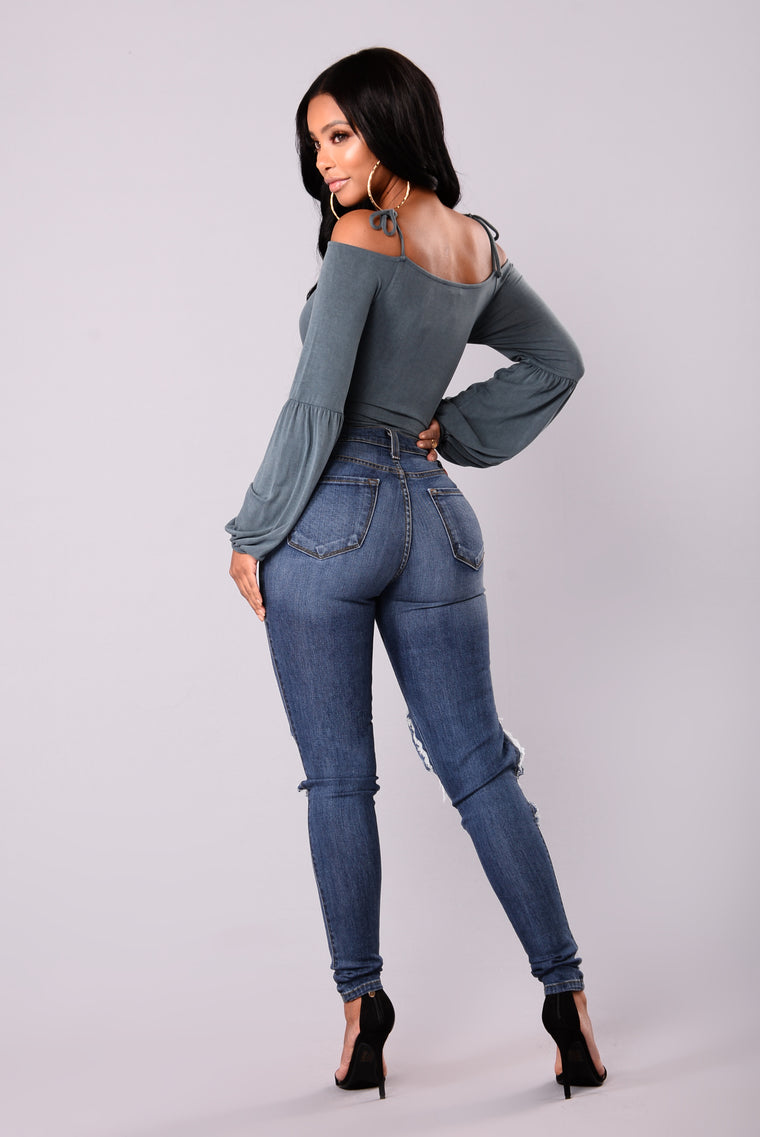 Raquelle Cold Shoulder Top - Washed Denim - Knit Tops - Fashion Nova