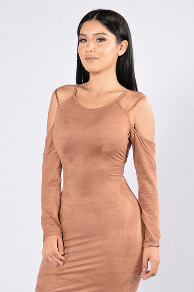 Giving the Bold Shoulder Dress - Brown