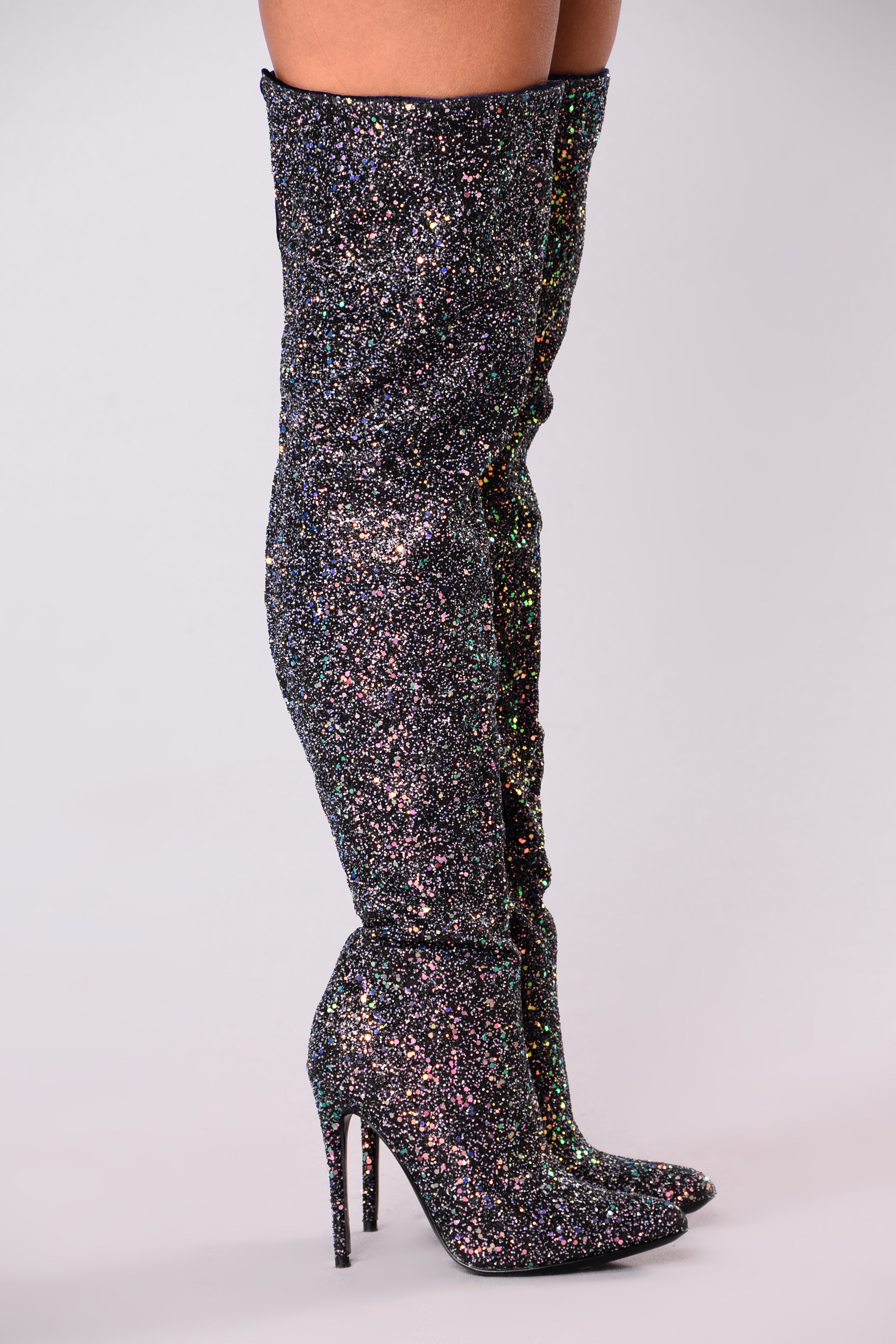 black sparkly knee high boots