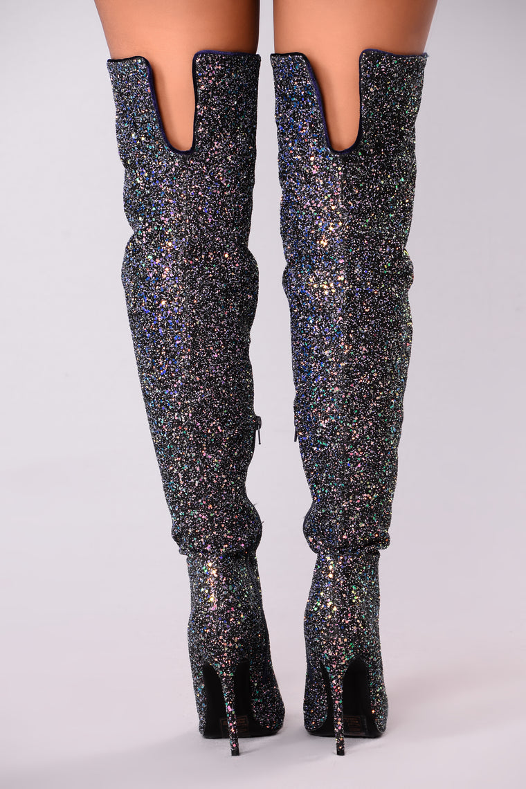 glitter thigh high boots outfit