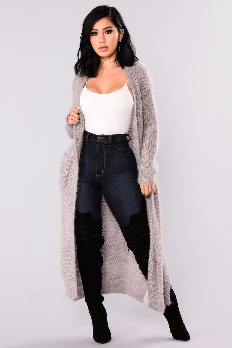Faye Fuzzy Cardigan - Grey, Sweaters | Fashion Nova