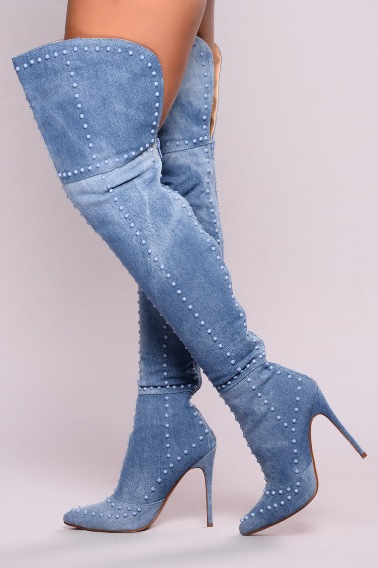 denim thigh high boots fashion nova