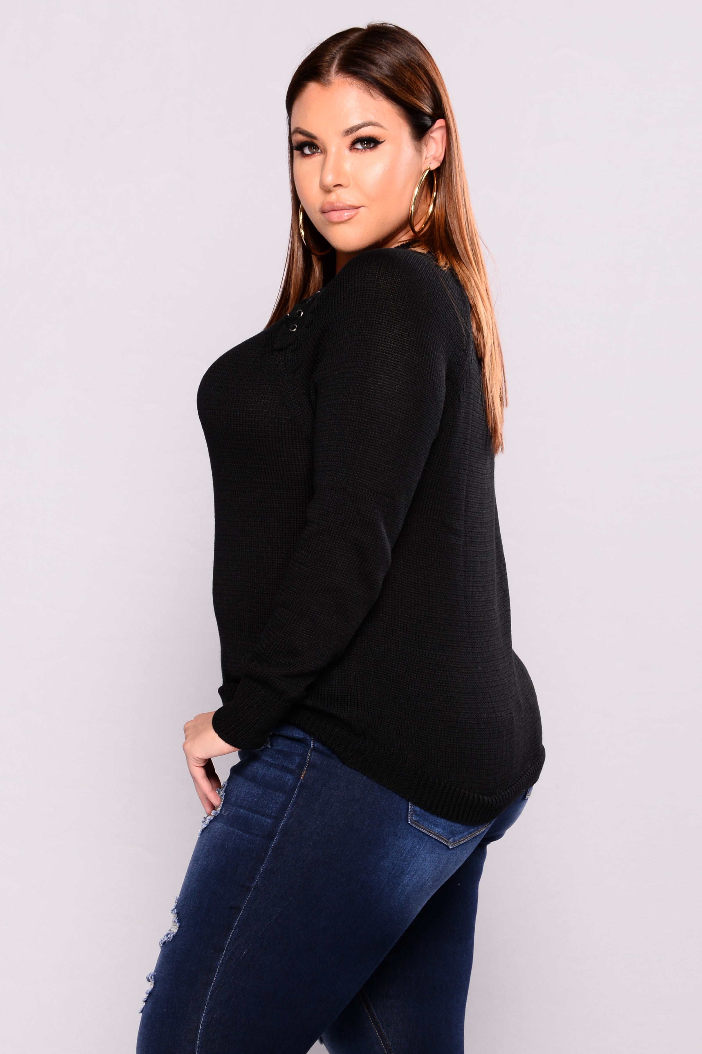 About To Follow Lace Up Sweater - Black