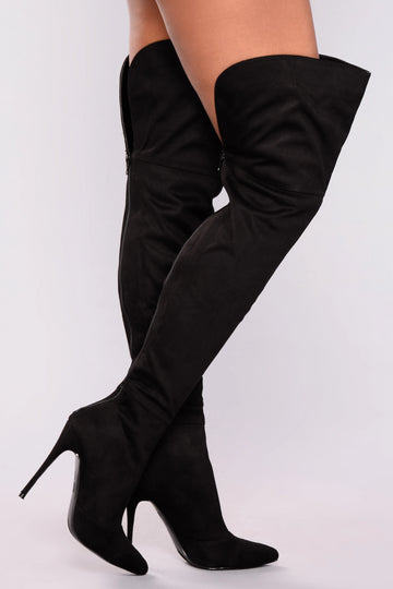 black leather thigh high heel boots