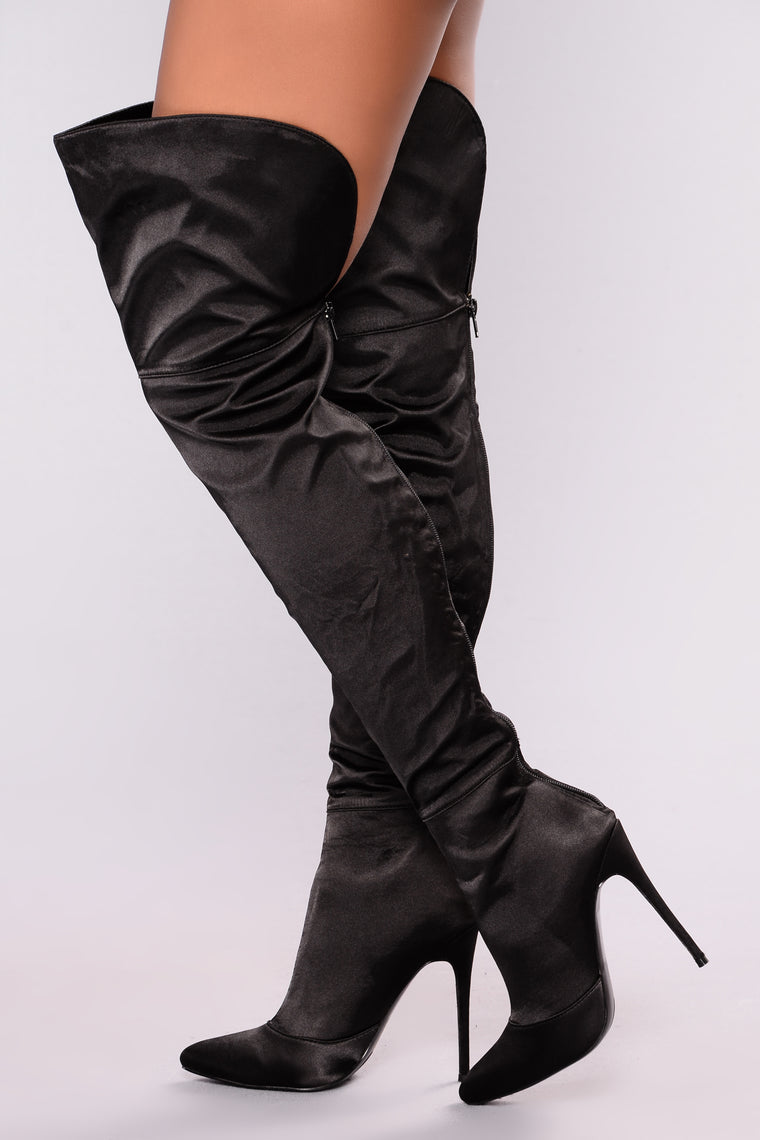 Satin Nights Over The Knee Boot - Black - Shoes - Fashion Nova