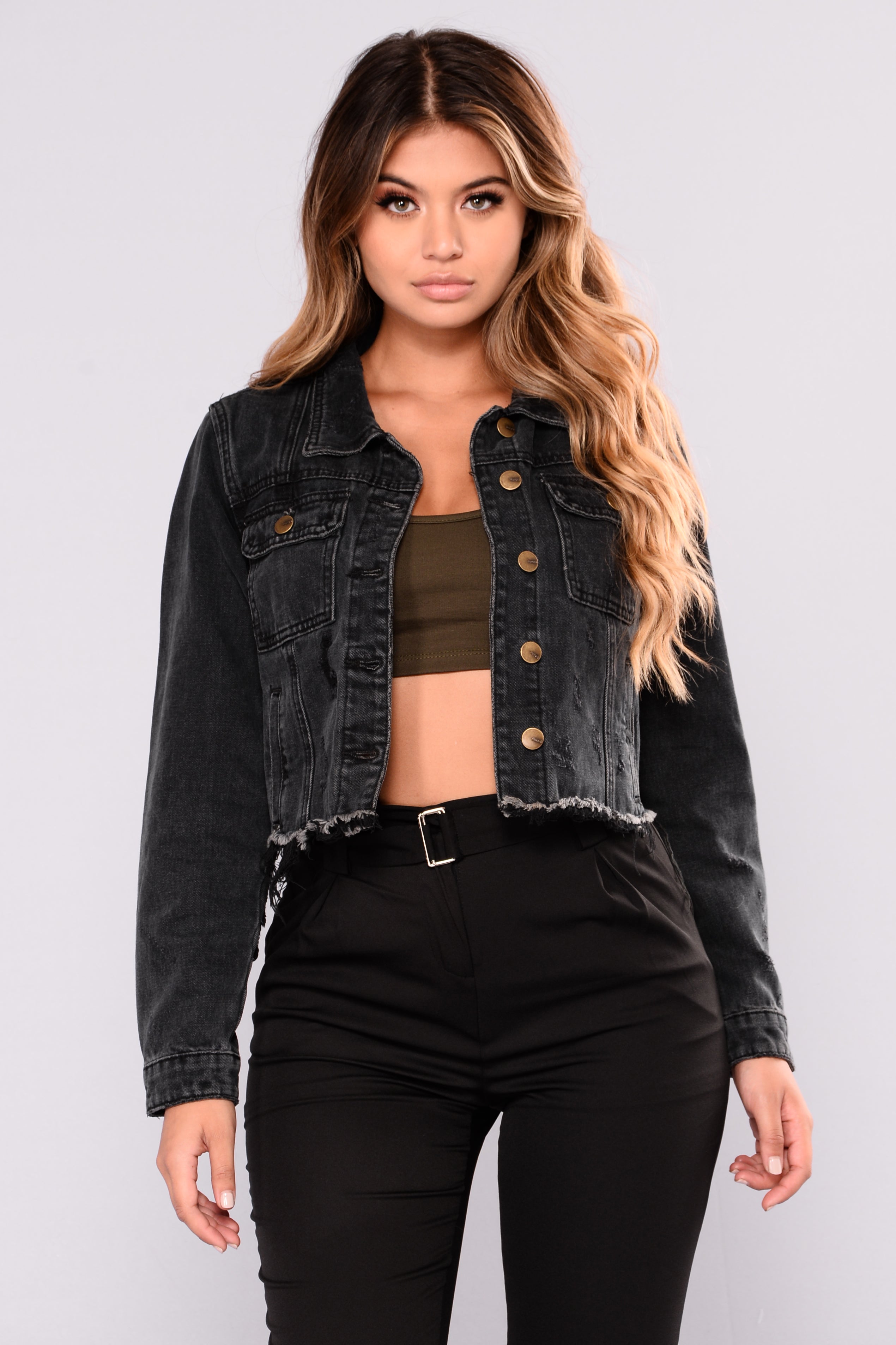 black distressed cropped denim jacket