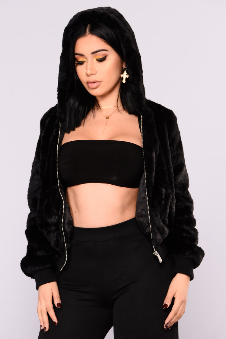 faux fur black hoodie