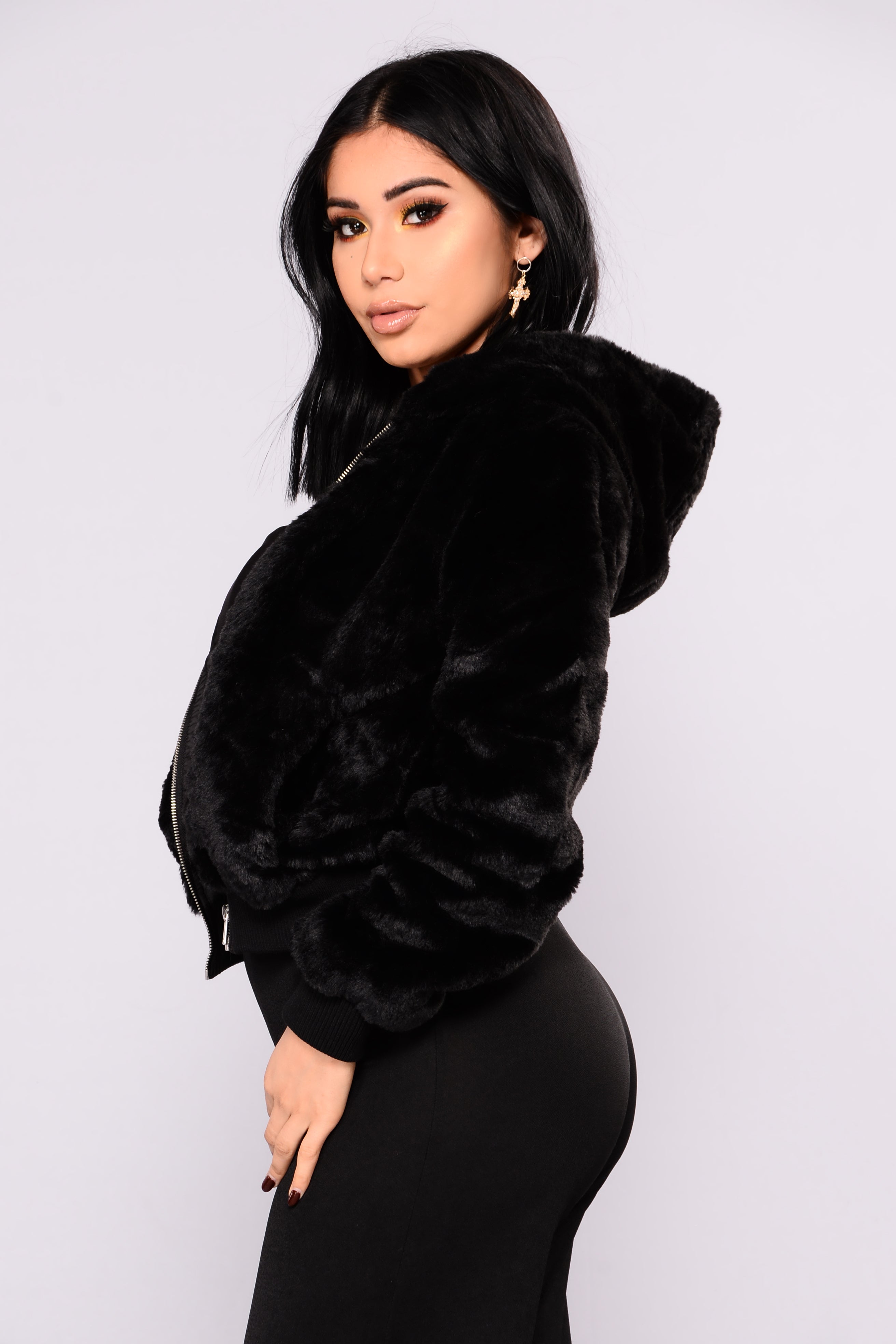 black faux fur hoodie