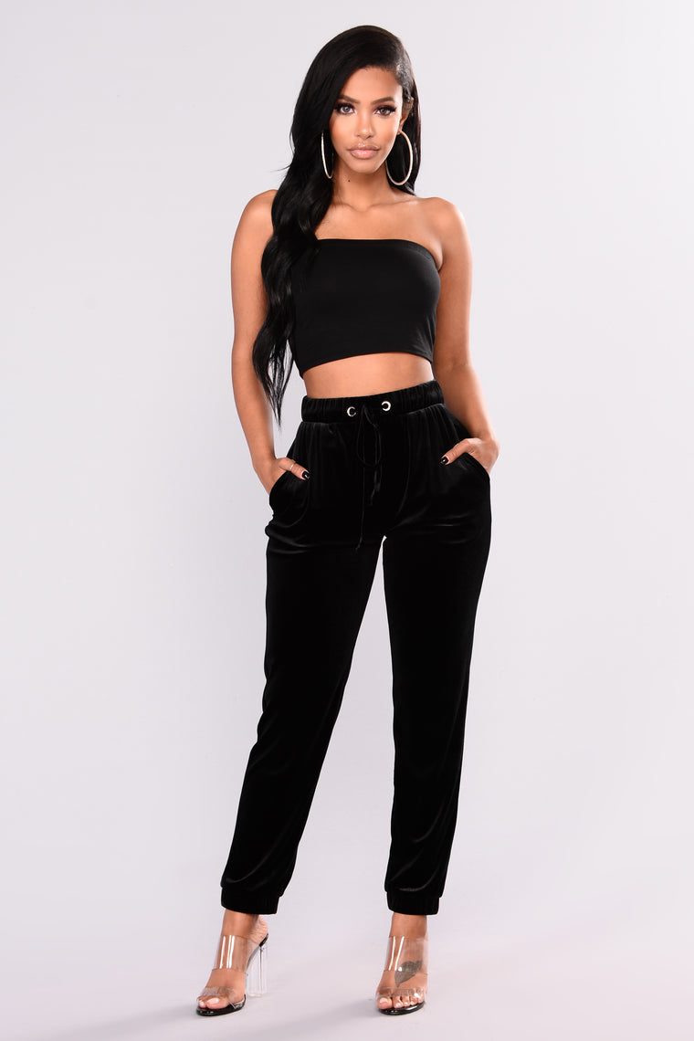 womens black velvet joggers