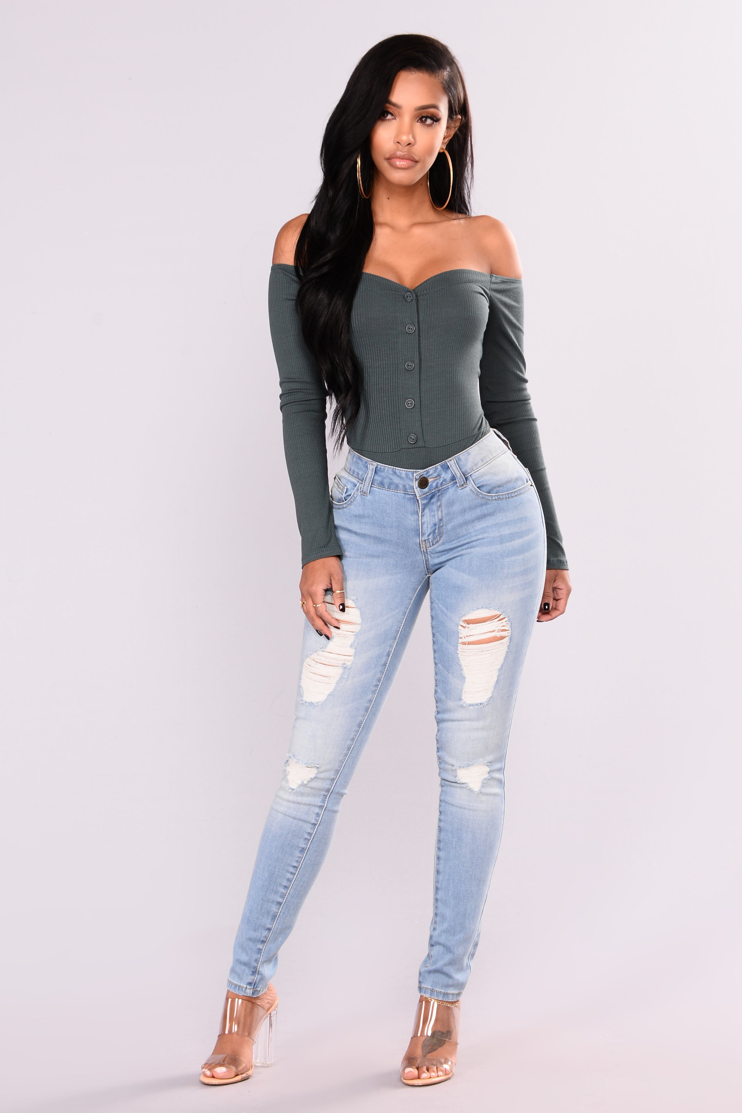 Fool In Love Off Shoulder Bodysuit Hunter