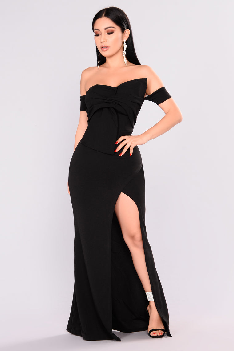 black long dress off the shoulder