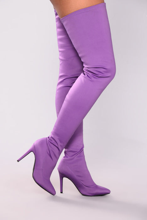 purple thigh high flat boots