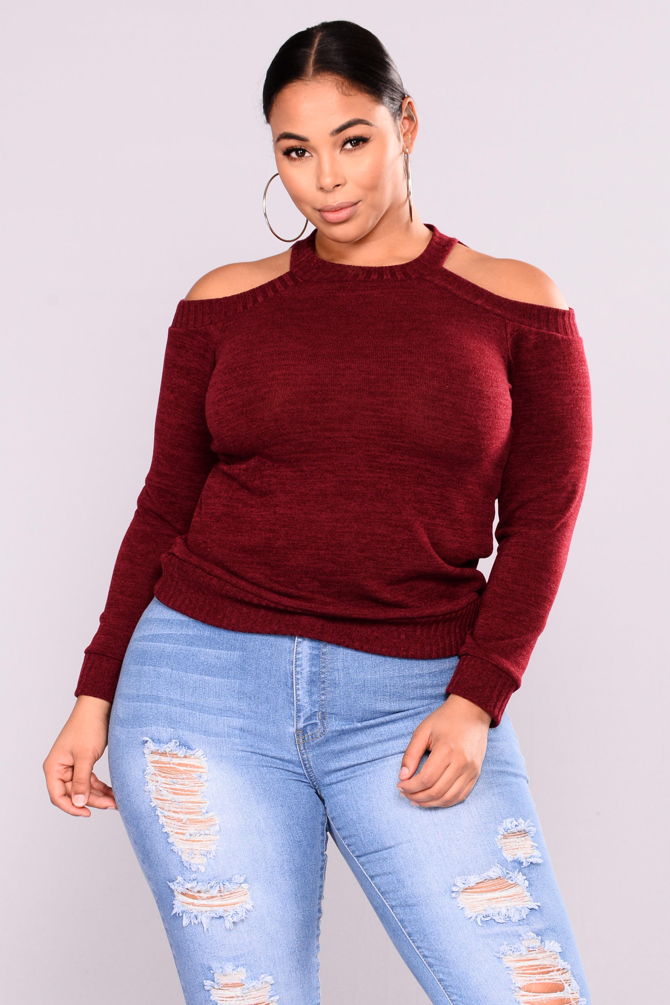 Fall Is Calling Cold Shoulder Sweater - Burgundy