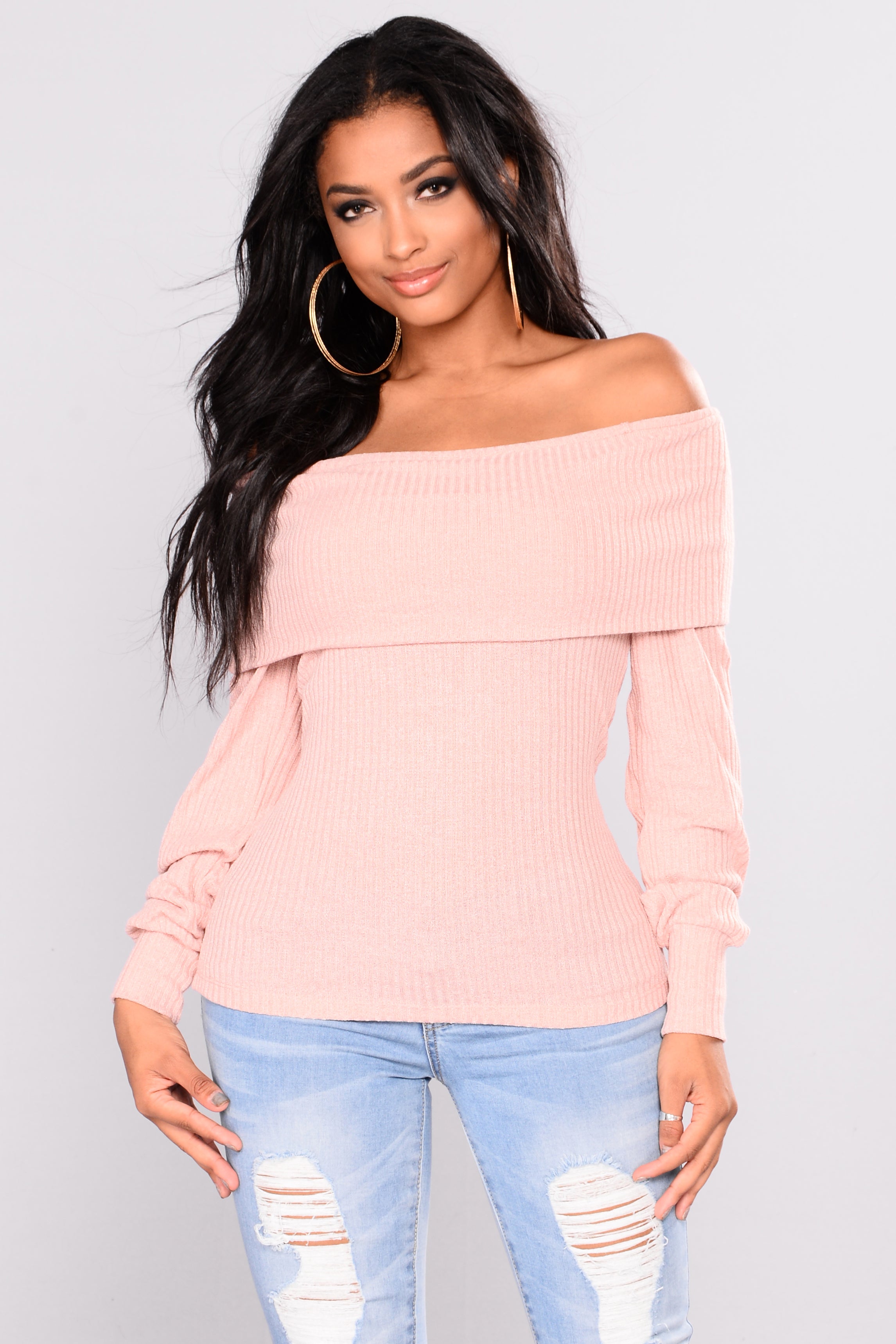 pink off the shoulder sweatshirt