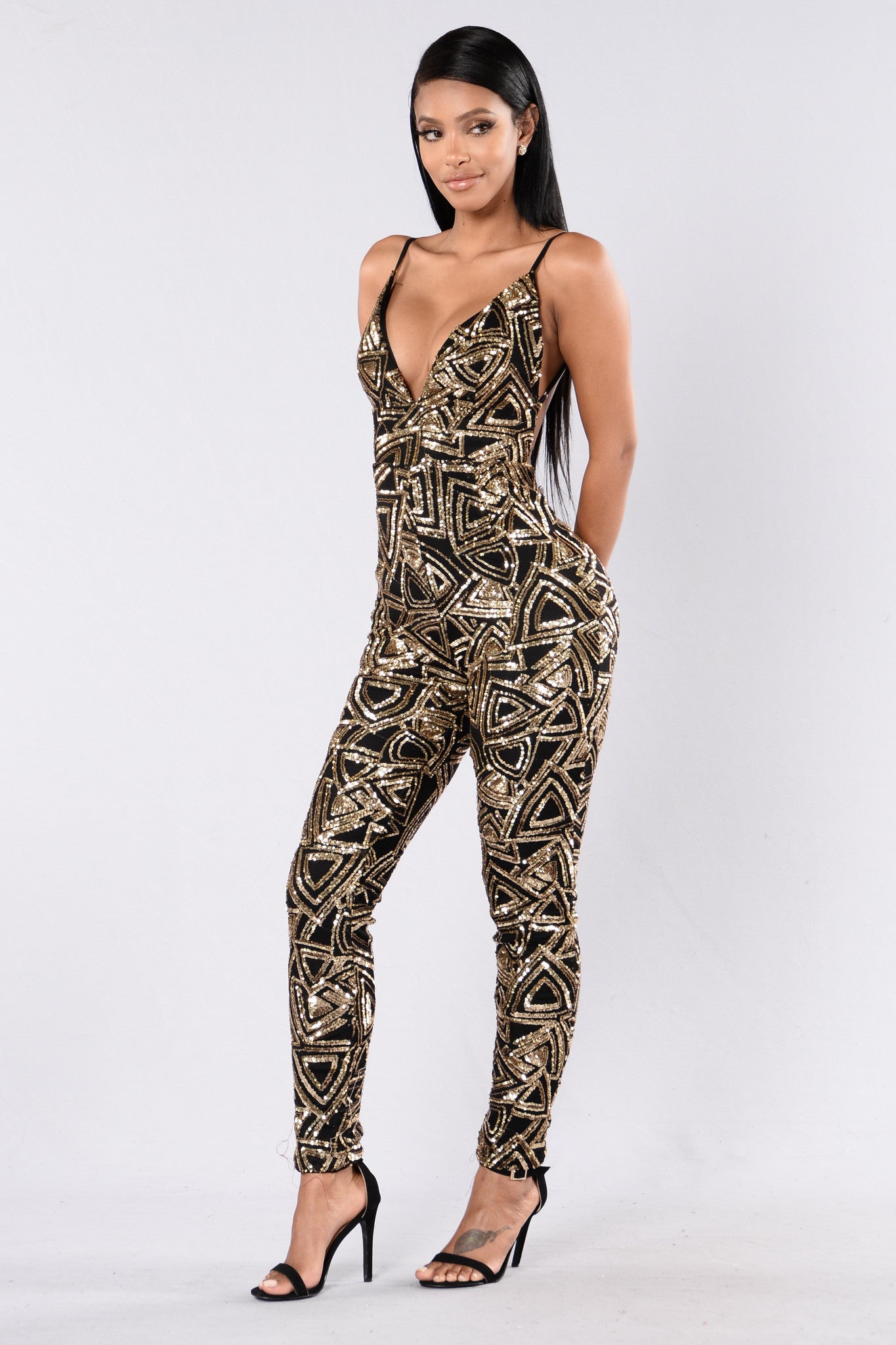 fashion nova black and gold jumpsuit