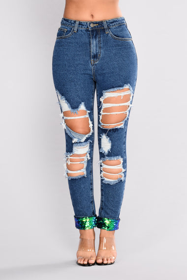 Put You On Game Sequin Boyfriend Jeans - Medium Blue Wash – Fashion Nova