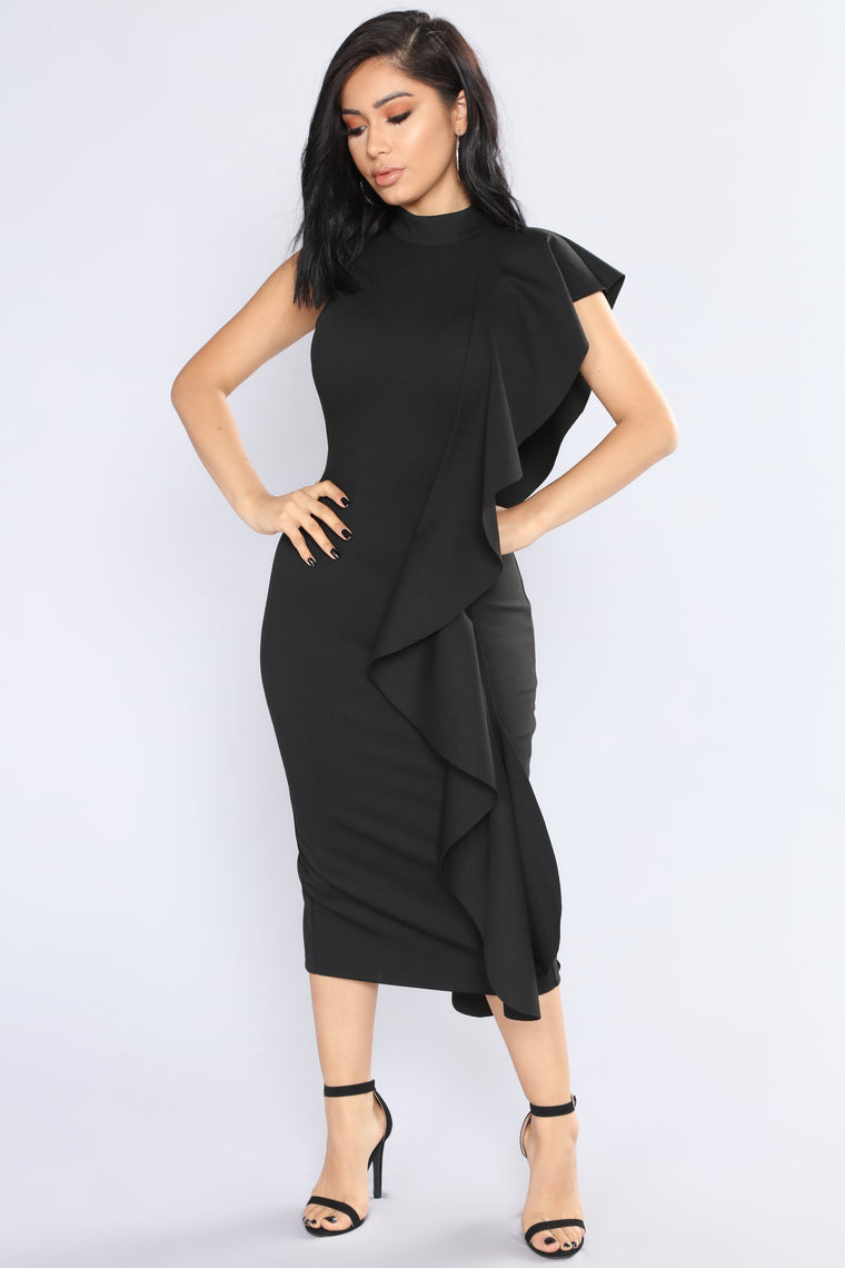 black ruffle dress with sleeves