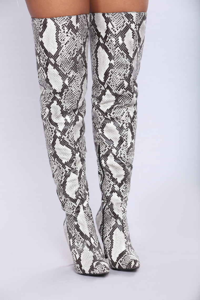 over knee snake print boots