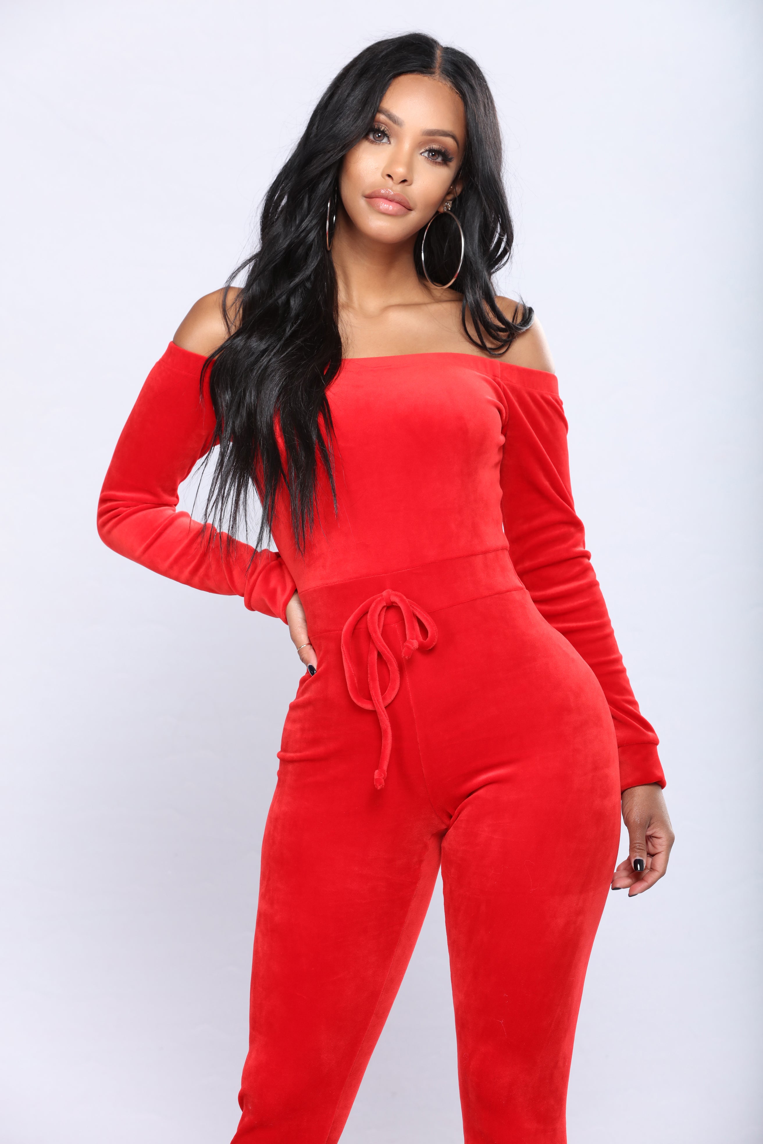 red velour jumpsuit