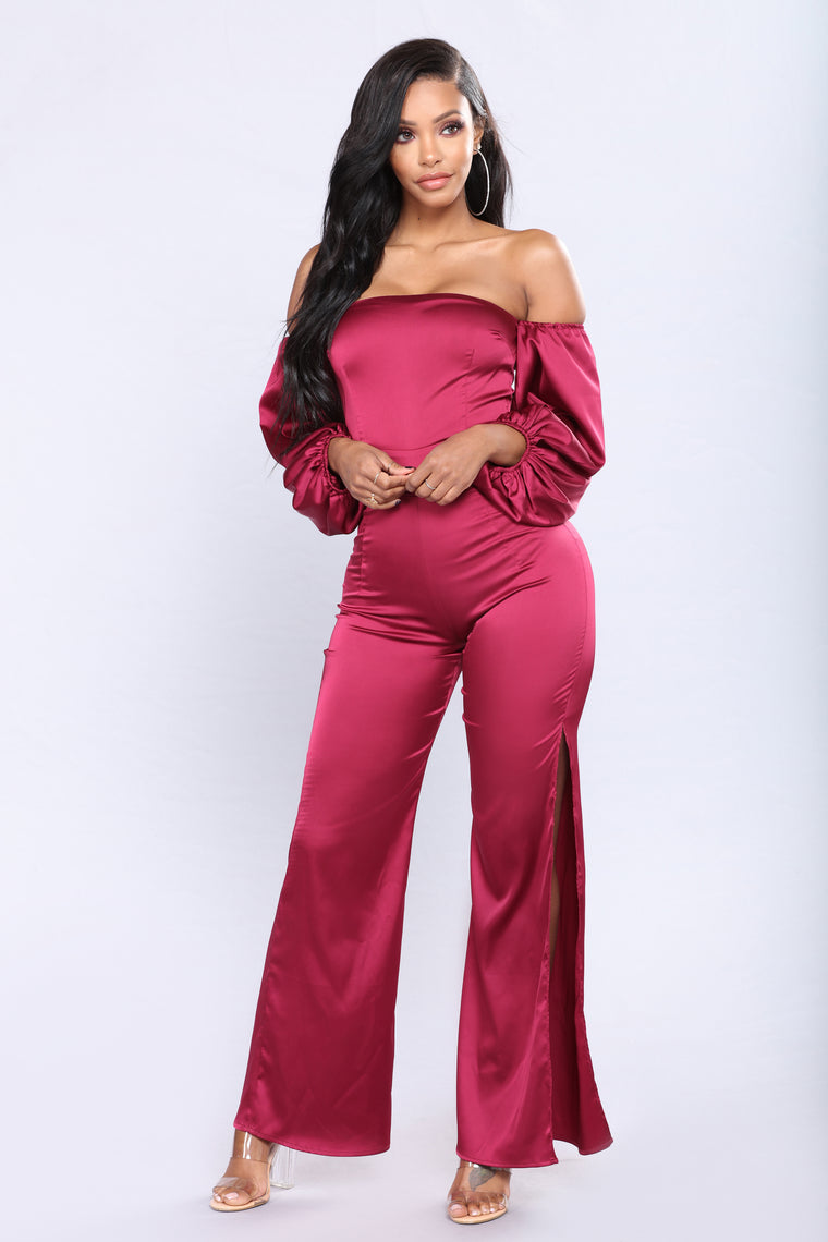 burgundy satin jumpsuit