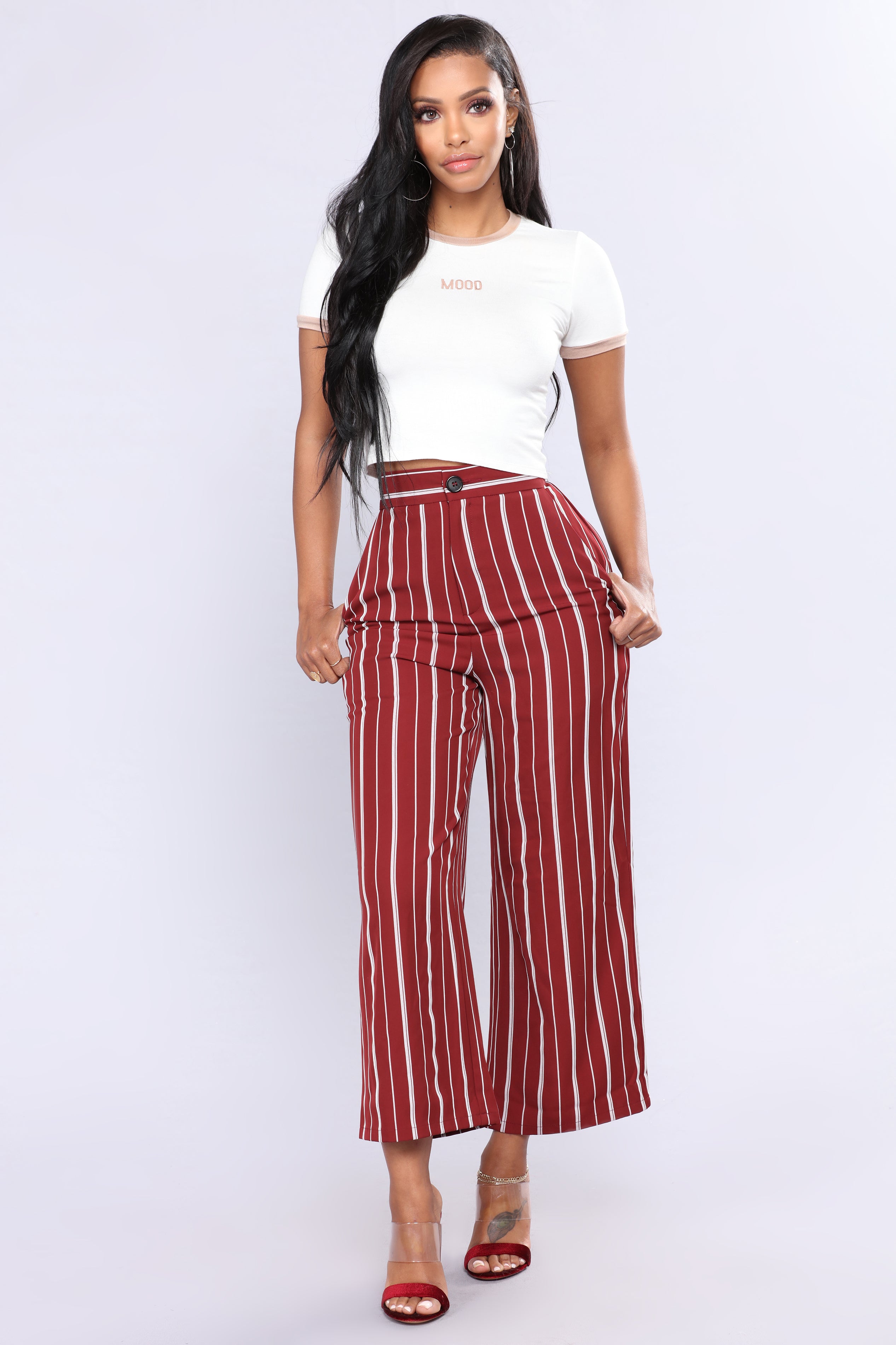 maroon and white striped pants