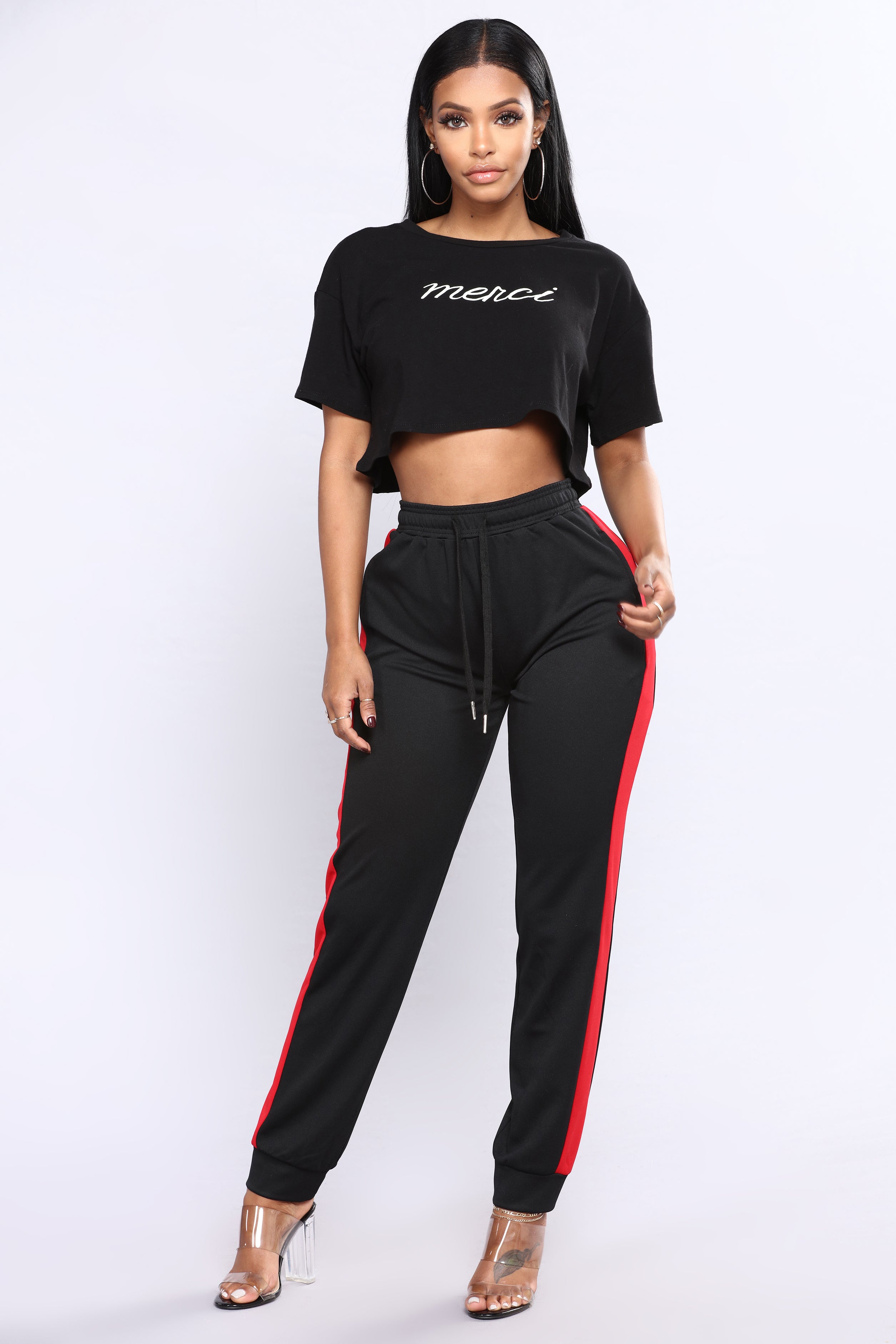 black joggers with red stripe womens