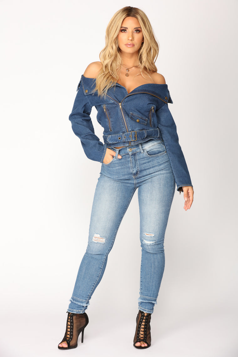 off the shoulder blue jean jacket