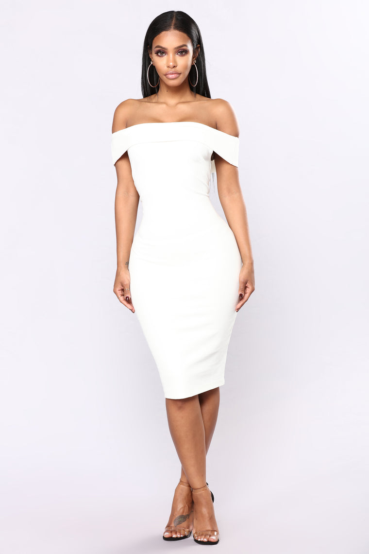 off the shoulder fitted white dress