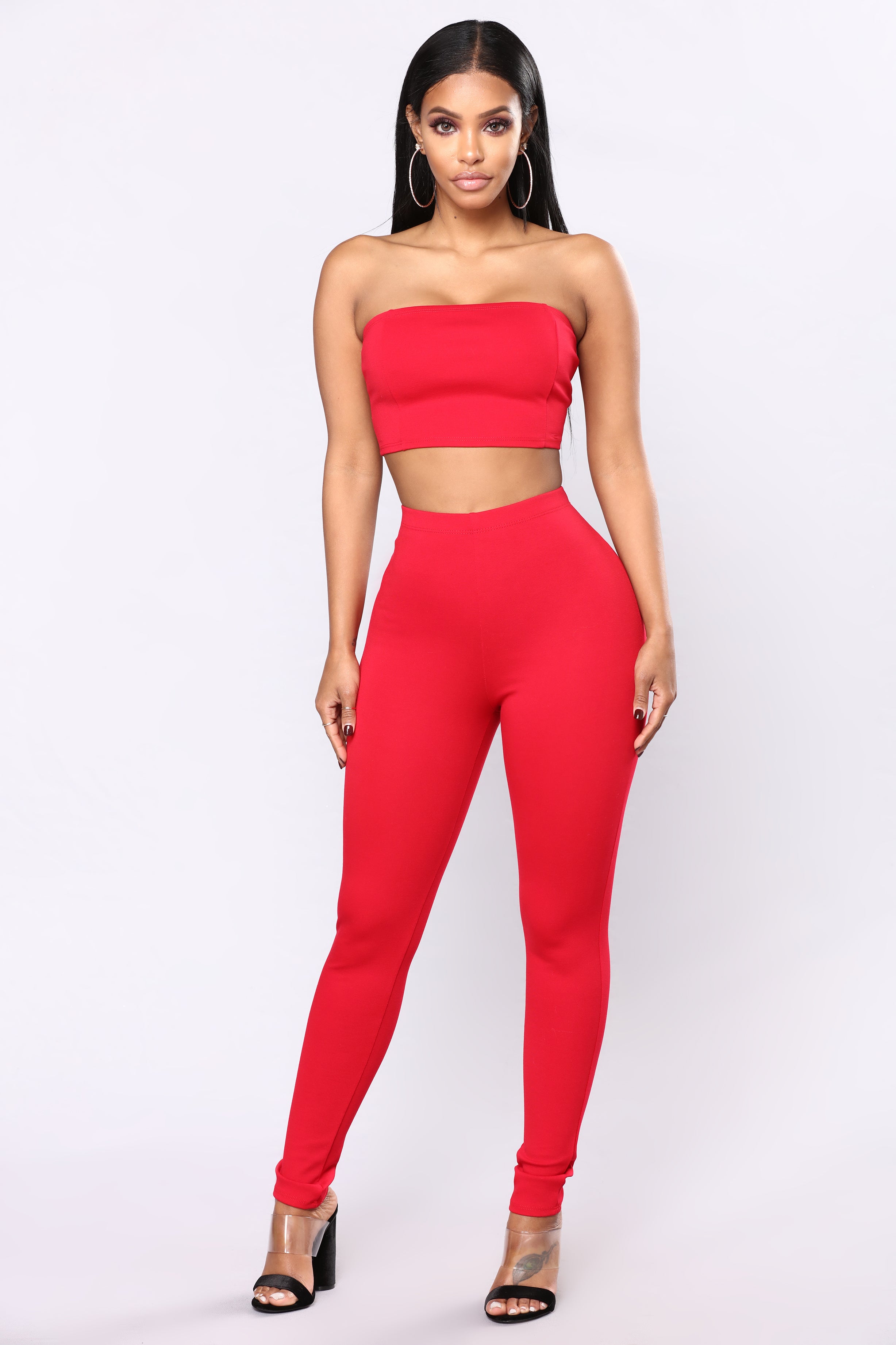 red matching pant set