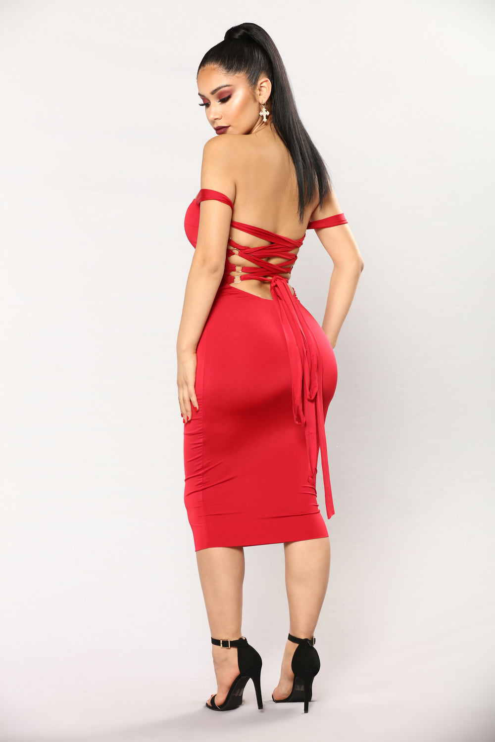 Framed Lace Up Dress - Red