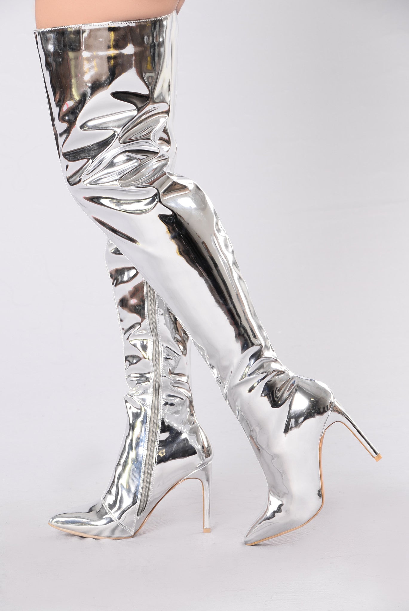 metallic silver knee high boots