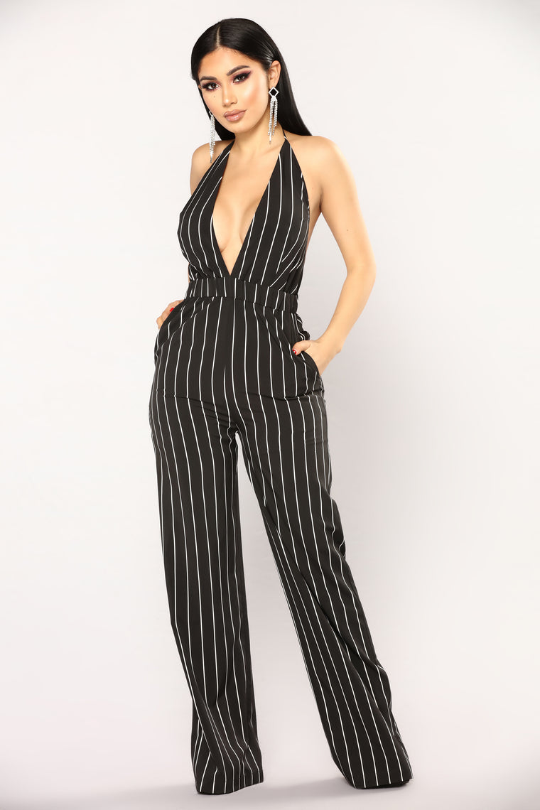 black and white striped jumpsuit