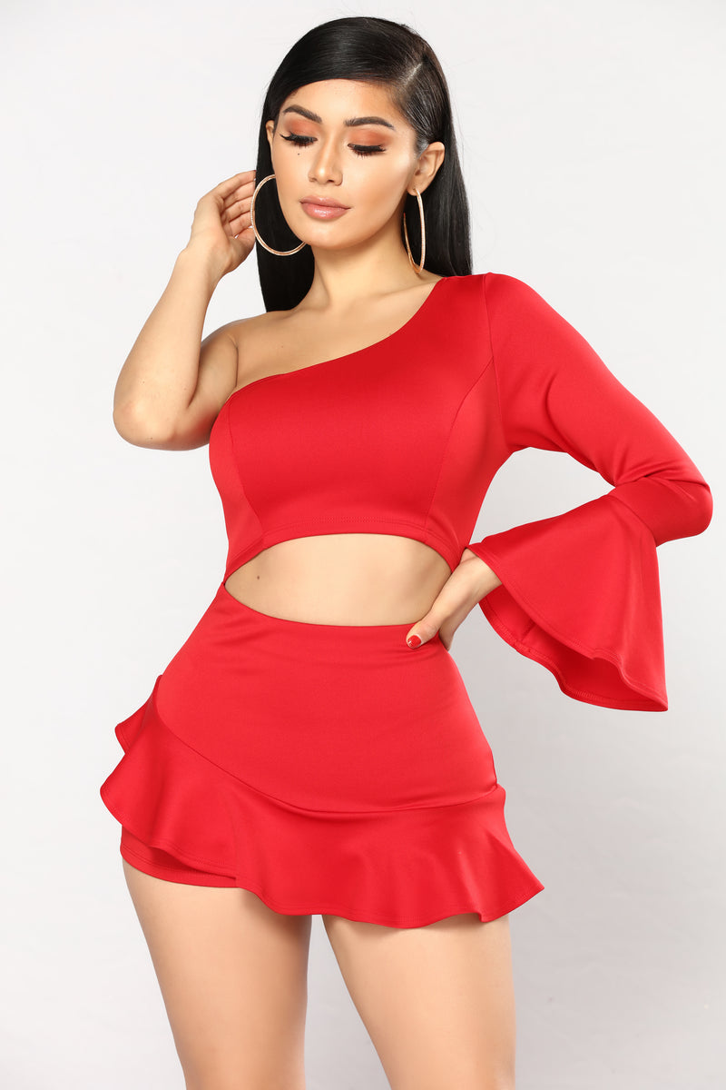 Time And Place One Shoulder Romper - Red | Fashion Nova, Rompers ...