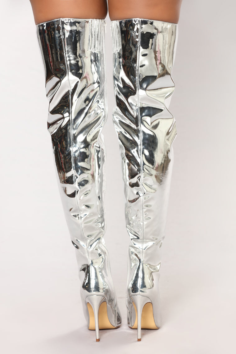 silver knee high boots