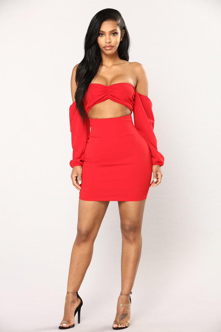 fashion nova red off the shoulder dress