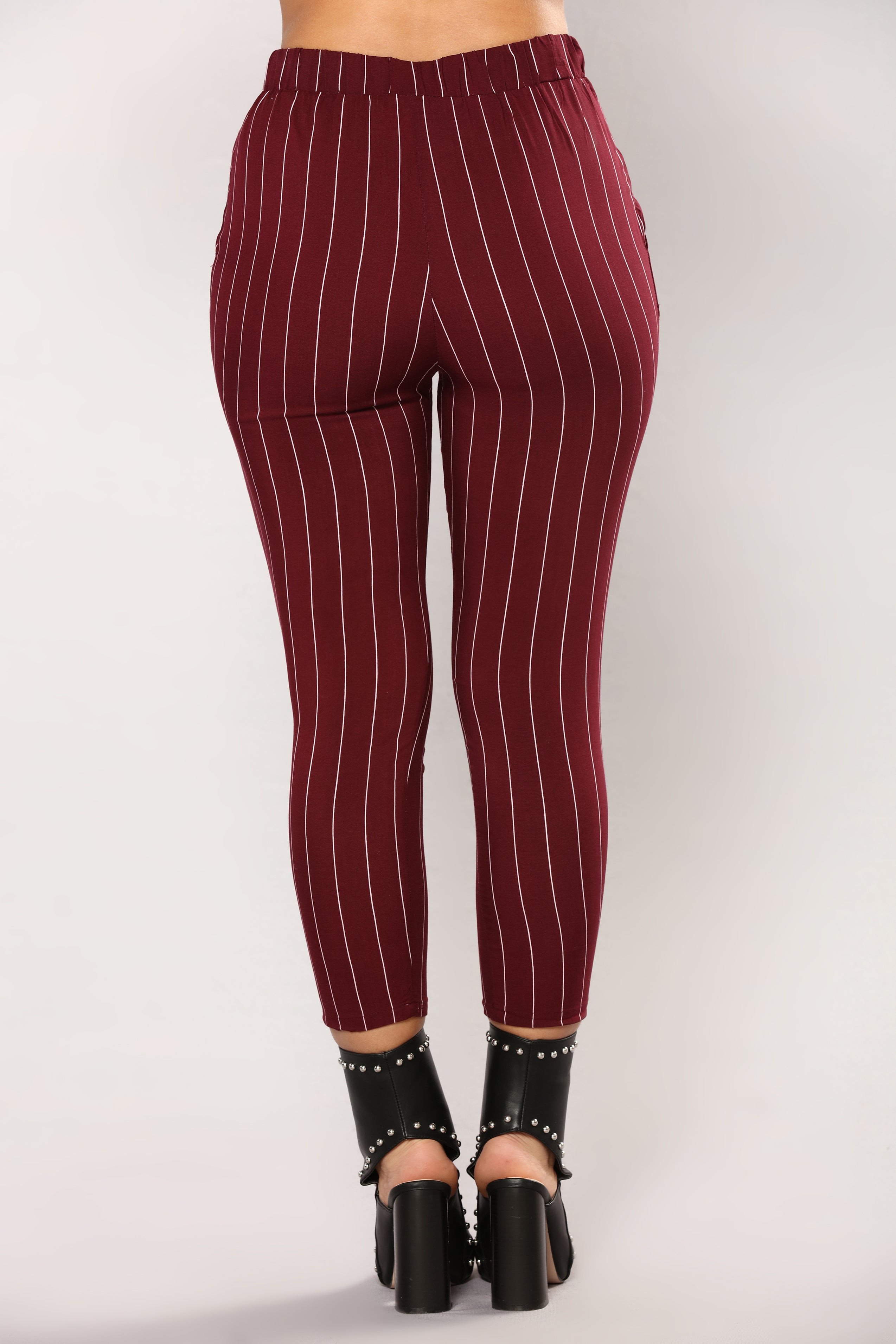 burgundy and white striped pants