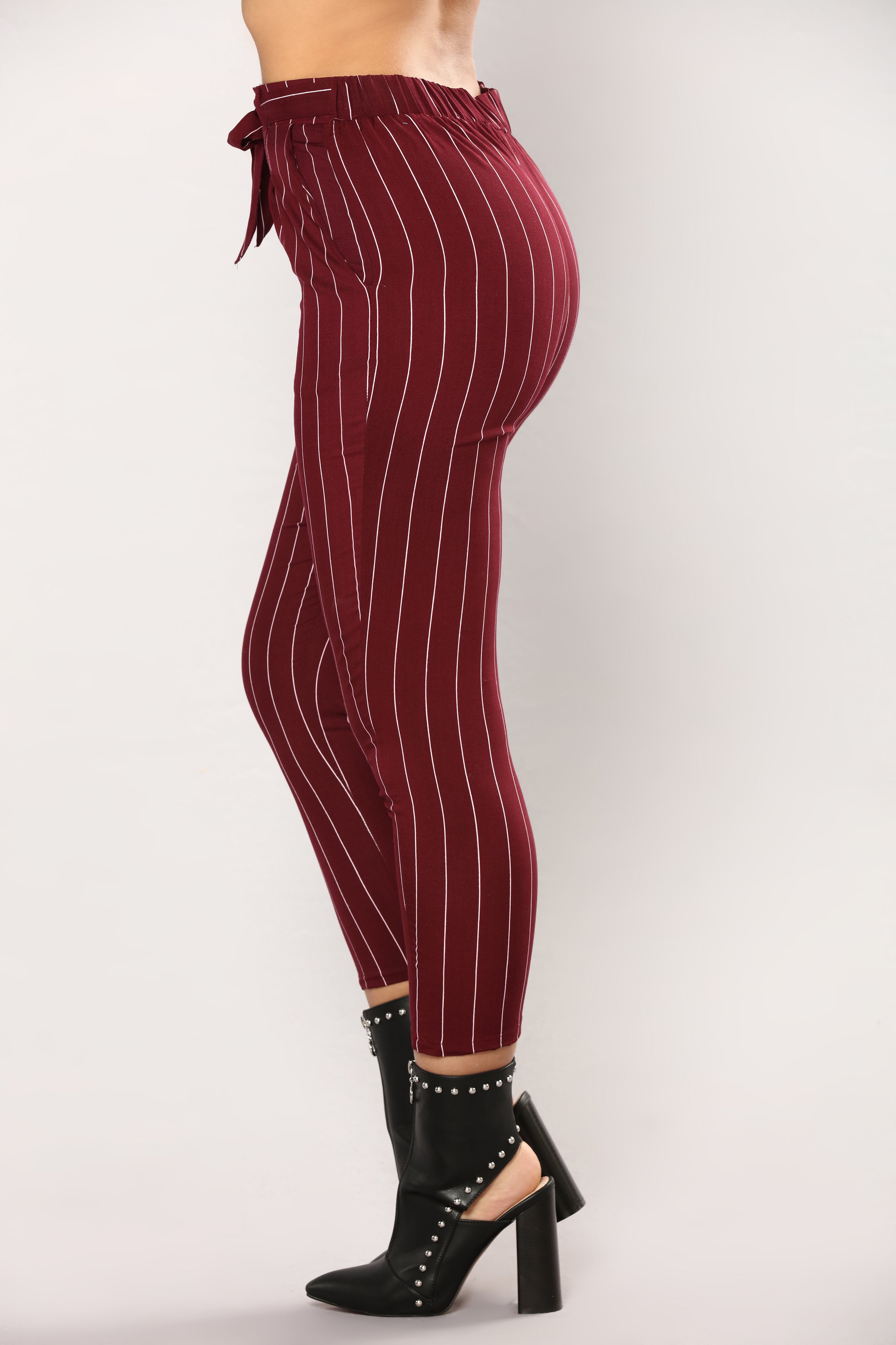 burgundy and white striped pants