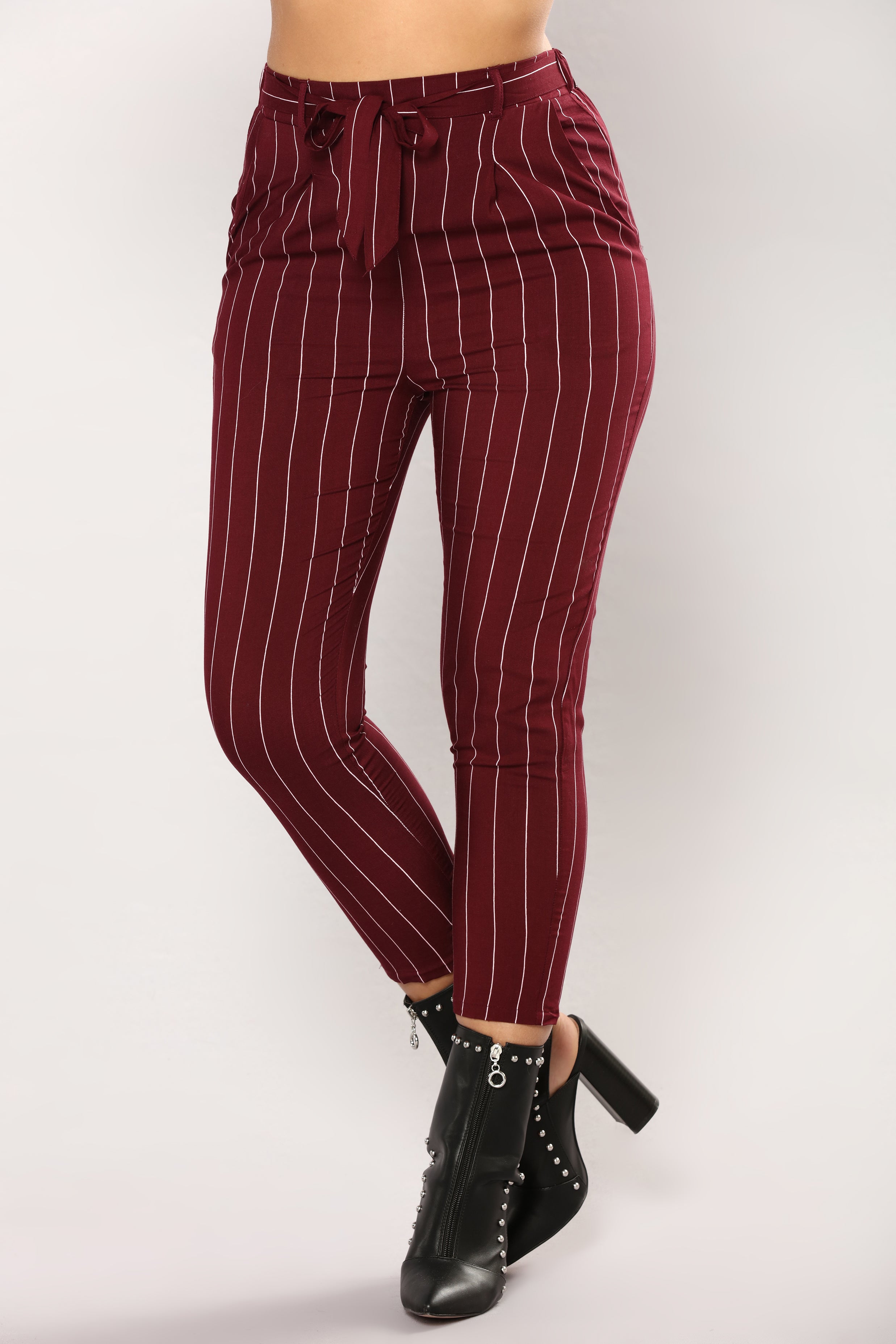burgundy striped trousers