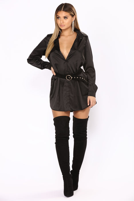 black silky shirt dress