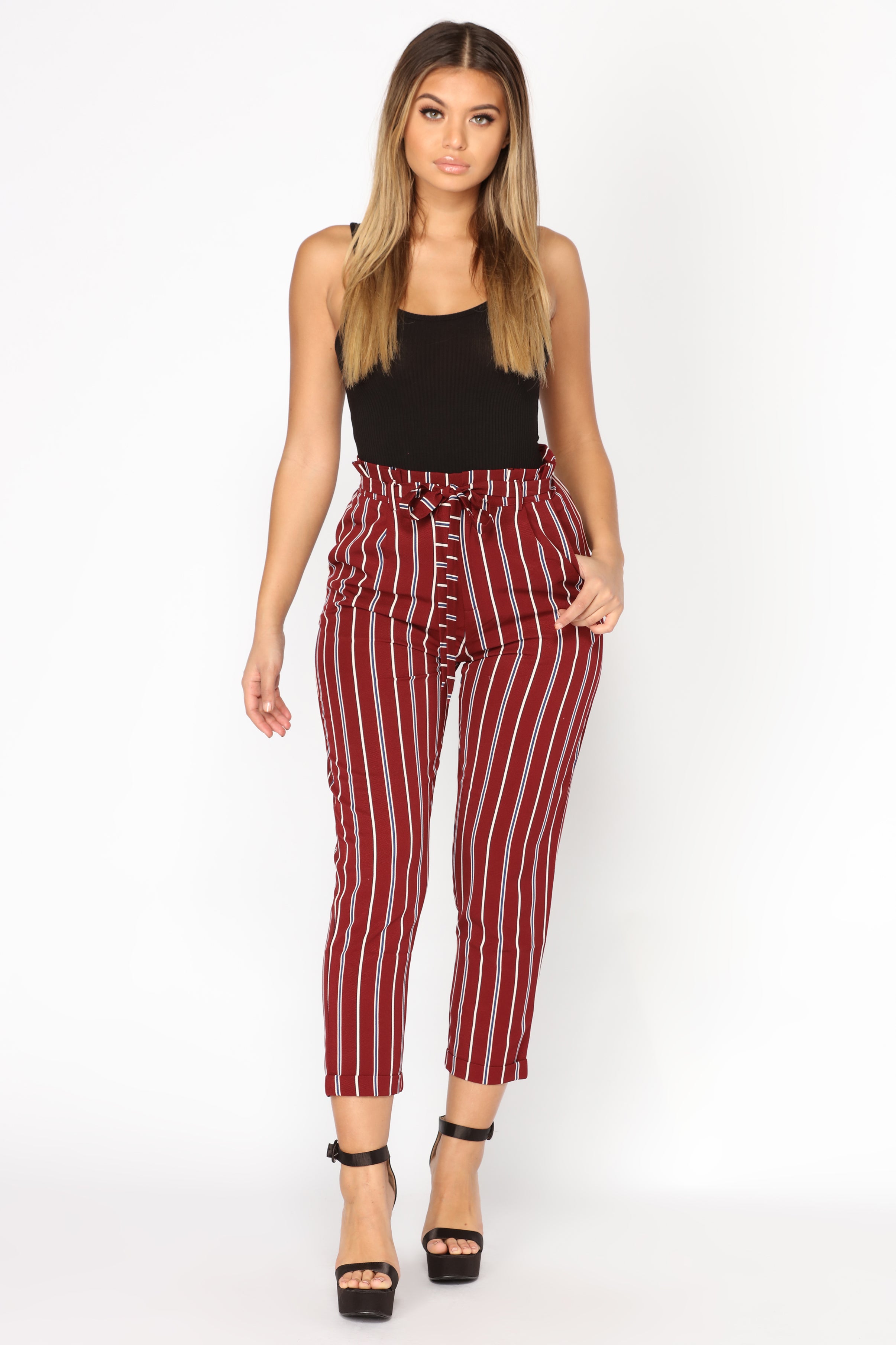 burgundy striped trousers