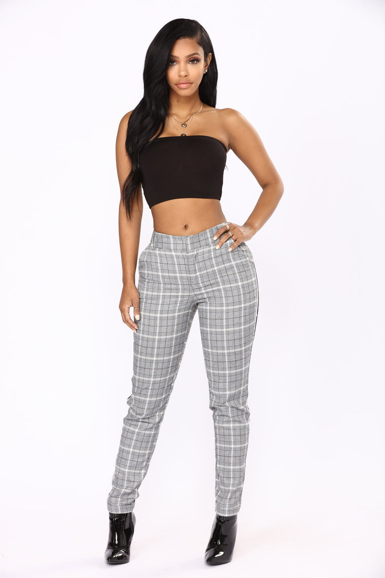 black red white plaid pants