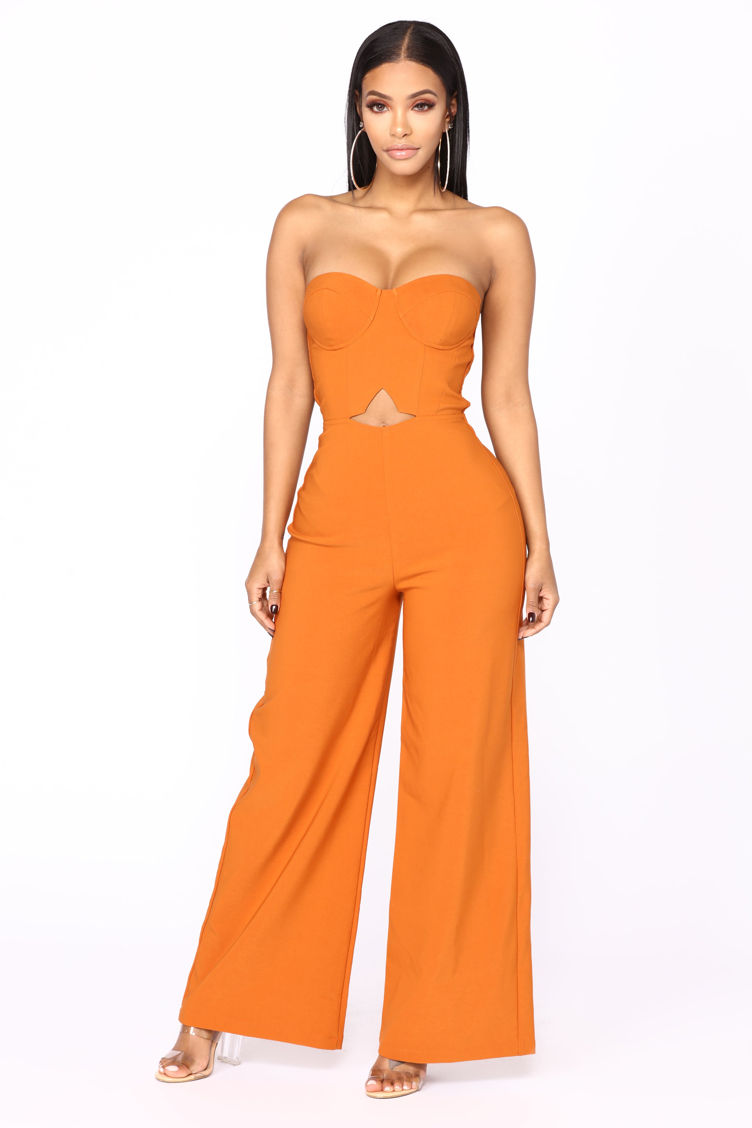 orange strapless jumpsuit